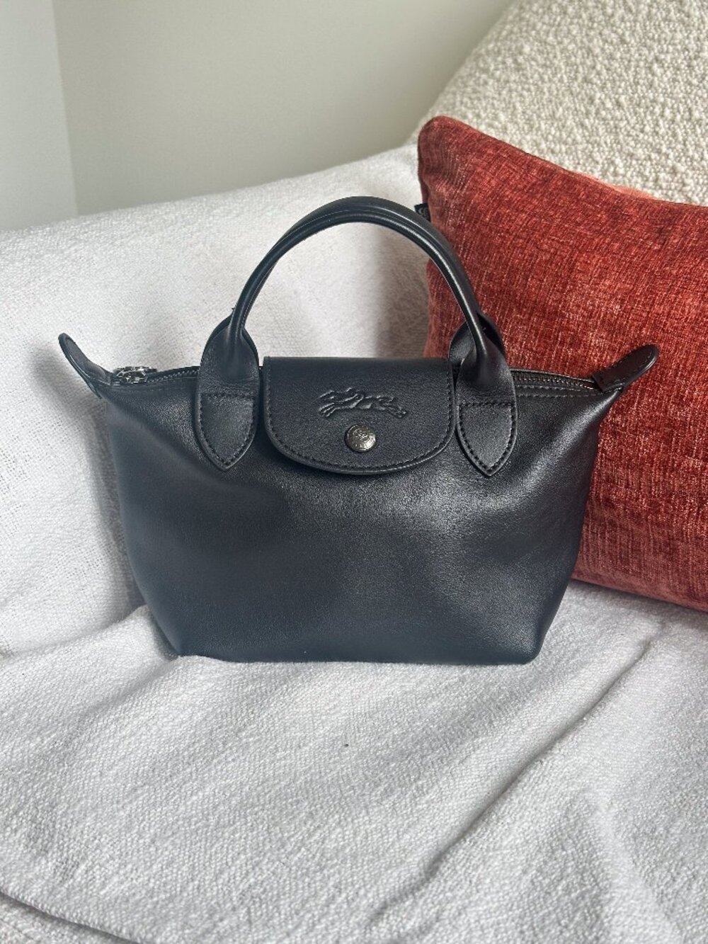 LONGCHAMP XS Le Pliage Leather Top Handle Bag | Color: Black